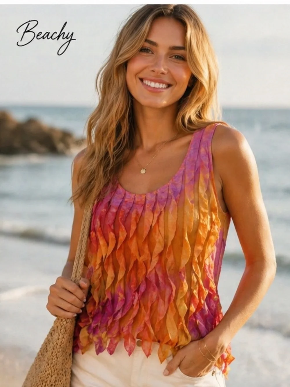 Sunny Leigh Textured Ruffle Tank Top Multicolor NWT Size Large - Picture 2 of 8